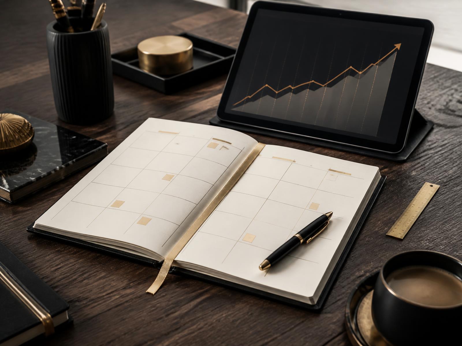Content-Kalender mit Notizen, Stift und Handy mit steigendem Wachstums-Chart — strategische Content-Planung für Creatorinnen auf OnlyFans und Fansly.